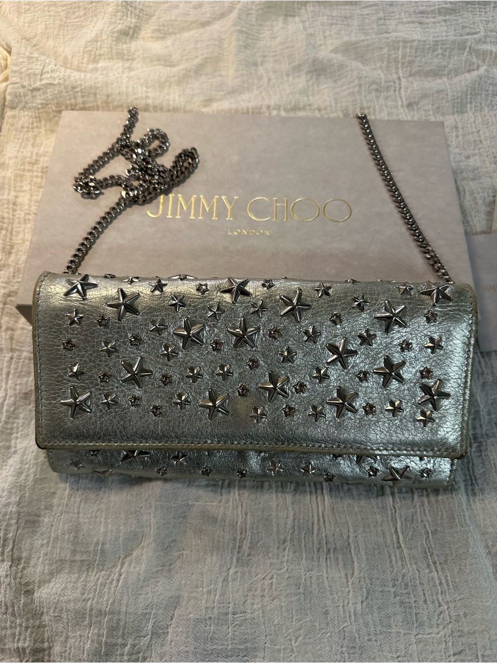 Jimmy Choo Silver Star-Embellished Leather Crossbody Bag with COA